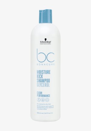 Bouteille en plastique blanche avec des accents bleus ; étiquetée « BC Bonacure Moisture Kick Shampoo Glycerol » ; taille 500 ml. Design lisse et arrondi.