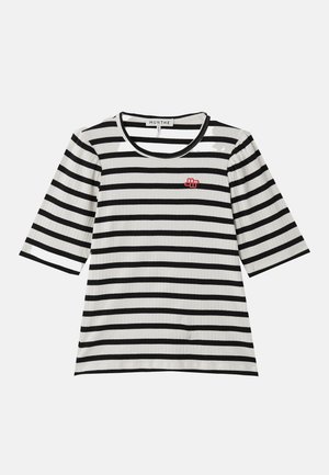 Striped T-shirt with short sleeves, featuring black and white ribbed texture, round neckline, and small red logo on the left chest.