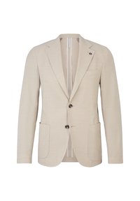 Blazer beige a un bottone con revers, due tasche frontali a toppa, due bottoni e una tasca sul petto, esposto su sfondo bianco.