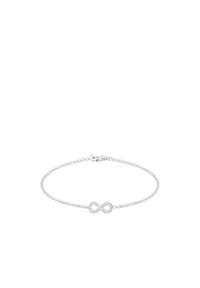 Silberne Kettenarmband mit einem Unendlichkeitssymbol, das mit kleinen klaren Steinen verziert ist, um zusätzlichen Glanz zu verleihen. Minimalistisches Design mit einem Verschluss.
