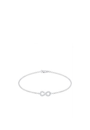 Silberne Kettenarmband mit einem Unendlichkeitssymbol, das mit kleinen klaren Steinen verziert ist, um zusätzlichen Glanz zu verleihen. Minimalistisches Design mit einem Verschluss.