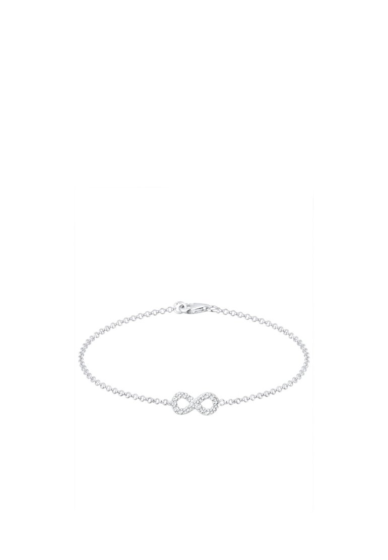 Silberne Kettenarmband mit einem Unendlichkeitssymbol, das mit kleinen klaren Steinen verziert ist, um zusätzlichen Glanz zu verleihen. Minimalistisches Design mit einem Verschluss.