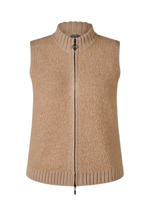 Beige ärmellose Weste mit hohem Kragen, strukturiertem Stoff, Strickbesatz am Kragen und Saum sowie einem Frontreißverschluss. Minimalistisches Design.