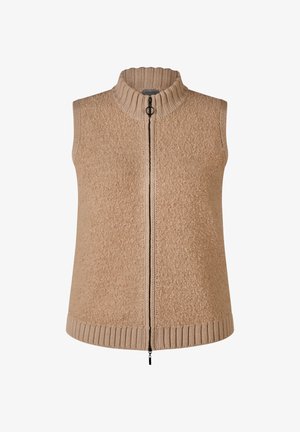 Beige ärmellose Weste mit hohem Kragen, strukturiertem Stoff, Strickbesatz am Kragen und Saum sowie einem Frontreißverschluss. Minimalistisches Design.