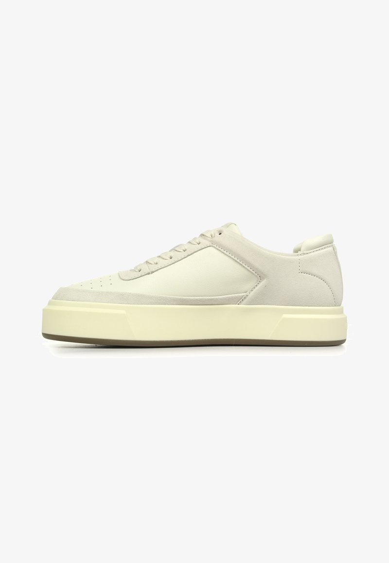 Sneakers featuring a cream leather upper with gray suede accents, round toe, six-eyelet lace closure, and a thick cream rubber sole.