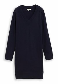 Granatowa sukienka sweterkowa z dekoltem w serek, długimi rękawami, prążkowanymi mankietami i dołem. Wykonana z miękkiego dzianinowego materiału, o prostym designie.