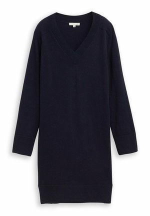 Marineblaues Pulloverkleid mit V-Ausschnitt, langen Ärmeln, gerippten Bündchen und Saum. Hergestellt aus weichem Strickmaterial mit schlichtem Design.