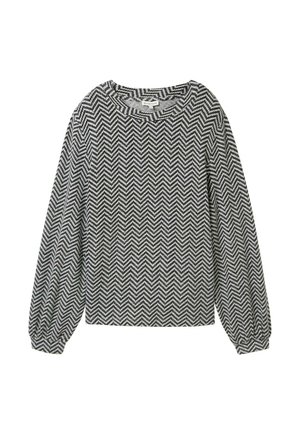 Top a maniche lunghe in bianco e nero a spina di pesce, con scollatura arrotondata e maniche leggermente a sbuffo con polsini elasticizzati.
