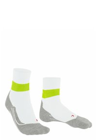 Weiße und graue Sportsocken mit einem neon-gelben Bund, ausgestattet mit Polsterung und einem ergonomischen Design für zusätzlichen Komfort.