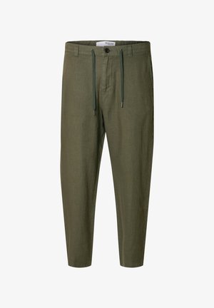 Pantaloni in lino verde oliva con vita regolabile con cordino, gambe affusolate, tasche frontali e chiusura a pulsante.