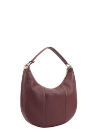 Bruine leren schoudertas met een ronde vorm, voorzien van een enkele bovenhandle, gouden hardware en een ritssluiting. Gestructureerde afwerking.