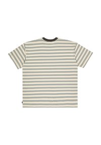 Short-sleeve t-shirt made of soft fabric, featuring a cream base with horizontal blue and dark green stripes, and a dark neckline.