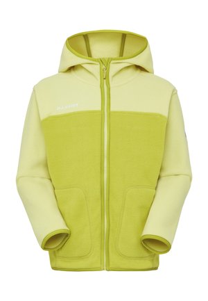 Veste polaire vert clair avec capuche, fermeture éclair avant, deux poches avant, et manches ainsi que panneau supérieur de la poitrine en vert plus clair contrastant.