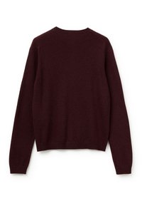 Bordeauxfarbener Pullover mit Rundhalsausschnitt, langen Ärmeln, geripptem Saum und strukturiertem Strick, mit lockerer Passform und ohne sichtbare Muster oder Beschläge.