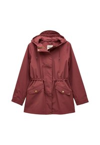 Burgundowa wodoodporna kurtka z kapturem na sznurku, elastycznym pasem i dwoma przednimi kieszeniami na klapę z złotymi akcentami. Gładka faktura.