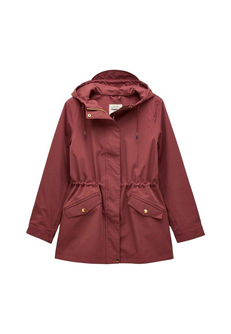 Burgundowa wodoodporna kurtka z kapturem na sznurku, elastycznym pasem i dwoma przednimi kieszeniami na klapę z złotymi akcentami. Gładka faktura.