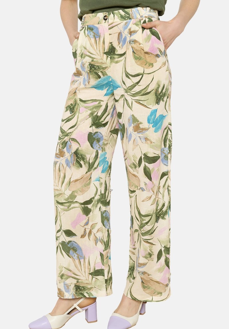 Floral print wide-leg trousers with green, blue, and pink botanical designs on a light fabric. Features side pockets and a high waist.