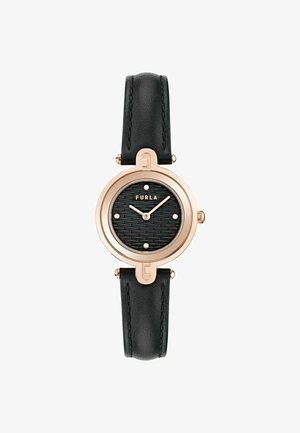 Ronde zwarte horloge met een gestructureerde wijzerplaat en een roségouden bezel. Voorzien van een zwarte leren band met stiksels en gouden accenten.