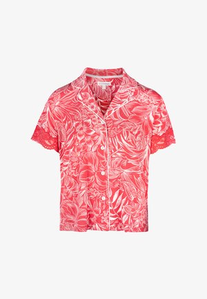 Blouse à manches courtes à motif floral rouge avec des accents blancs, bordure en dentelle et col classique. Comprend des boutons sur le devant.