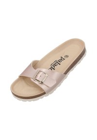 Infradito rosa chiaro con fascia in pelle, fissata con una fibbia argentata, suola in sughero e suola esterna in gomma bianca con grip testurizzato.