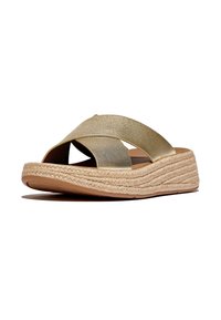Gouden glitter cross-strap sandalen met een geweven jute zool. Voorzien van een platte basis en een gladde binn voering voor comfort. Lichtgewicht constructie.