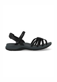 Svart sandal med elastiska remmar, en vadderad sula och en hållbar grå sula. Har en krok-och-loops ankle-stängning för justerbar passform.