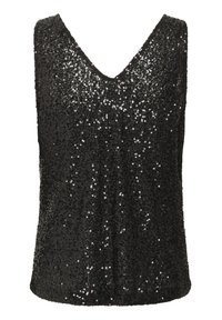 Top negro sin mangas con diseño de escote en V, hecho de tela con lentejuelas que crea una textura brillante y una superficie reflectante.