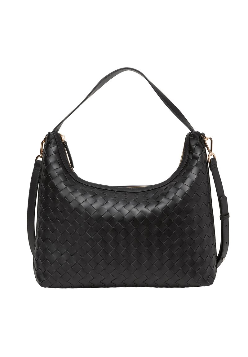 Schwarze, geflochtene Ledertasche mit einer geschwungenen Form, einem oberen Reißverschluss und einem abnehmbaren Schultergurt mit goldfarbenen Metallakzenten.