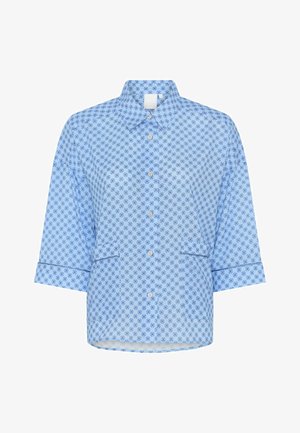 Sinine lühikeste varrukatega nööbiga särk lillemustriga, millel on krae, kaks esist pocketit ja kontrastse värviga mansetid.