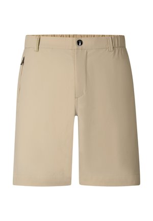 Beige knælange shorts med elastisk taljebånd, knaplukning, bæltestropper og lynlåslomme i siden.