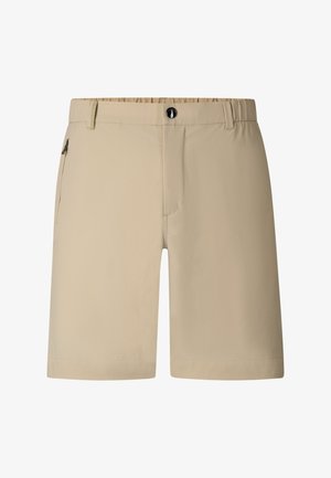 Beige knælange shorts med elastisk taljebånd, knaplukning, bæltestropper og lynlåslomme i siden.