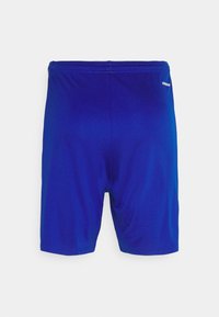 Zili sporta šorti, kas izgatavoti no gludas, stiepjamas auduma. Iezīmē elastīgu jostu un vienkāršu, pieguļošu dizainu bez redzamām rakstām.