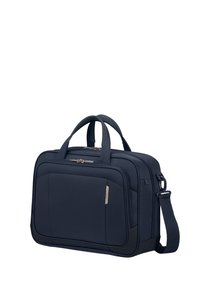 Dunkelblaue Laptoptasche aus strukturiertem Stoff, mit zwei Henkeln, abnehmbarem Schultergurt, Fronttasche und goldfarbener Reißverschlussdetails.