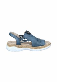 Blue leather slingback sandal with cross-strap design, textured sole, and a beige espadrille midsole. Features a decorative button detail.