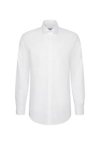 Chemise blanche à manches longues avec des boutons sur le devant et un col pointu, présentée sur un fond uni.