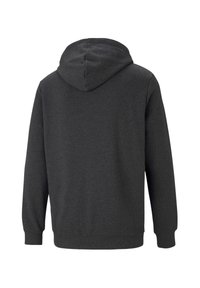 Hoodie à capuche gris foncé avec cordon de serrage, poignets et taille côtelés. Tissu doux avec une texture lisse, design uni et sans motifs visibles.