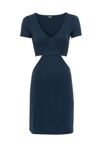 Dunkelblaues, geripptes Kleid mit tiefem V-Ausschnitt, kurzen Ärmeln und ausgeschnittenem Design in der Taille. Glatte Textur und figurbetonter Schnitt.