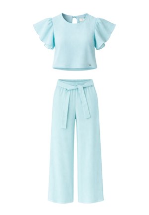 Completo azzurro chiaro in due pezzi con maniche corte a volant sul top corto e pantaloni a gamba larga a vita alta con cintura in tessuto.