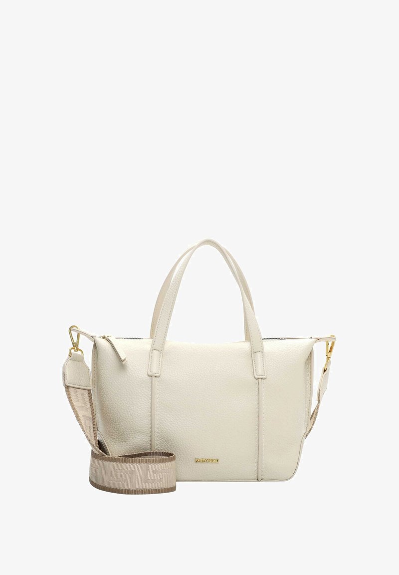 Kreemikas nahast käekott kahe käepidemega ja eemaldatava mustrilise rihmaga. Kaunistatud kullavärvi logoga ja struktureeritud disainiga.