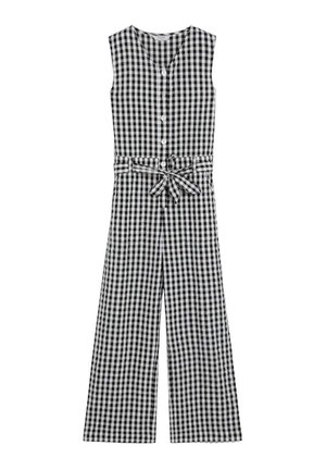 Mono sin mangas con estampado de cuadros en blanco y negro, con botones delanteros, pantalones anchos y cinturón atado en la cintura.