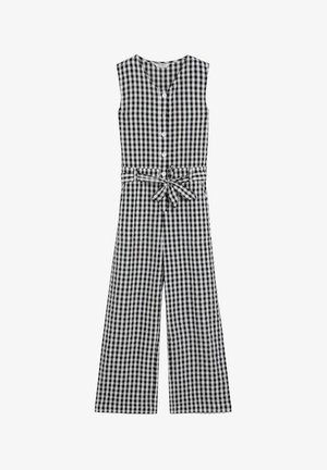 Sort og hvid ternet ærmeløs jumpsuit med knapper foran, vide ben og et bundet taljebælte.