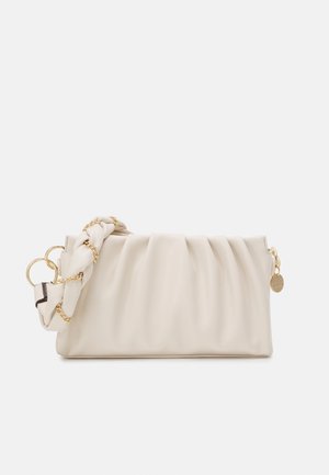 Cream-colored soft leather clutch bag with pleated design and braided handle accented by a gold chain and ring hardware.
