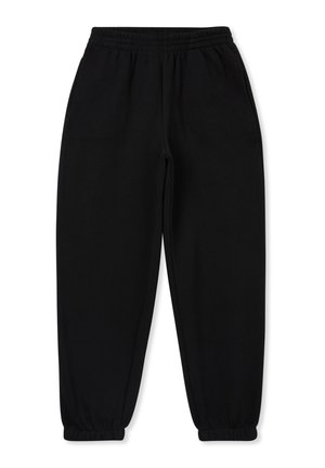 Pantaloni sportivi neri realizzati in materiale morbido, con vita elasticizzata e polsini a coste. Design semplice senza pattern o dettagli.