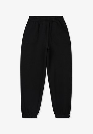 Pantaloni sportivi neri realizzati in materiale morbido, con vita elasticizzata e polsini a coste. Design semplice senza pattern o dettagli.