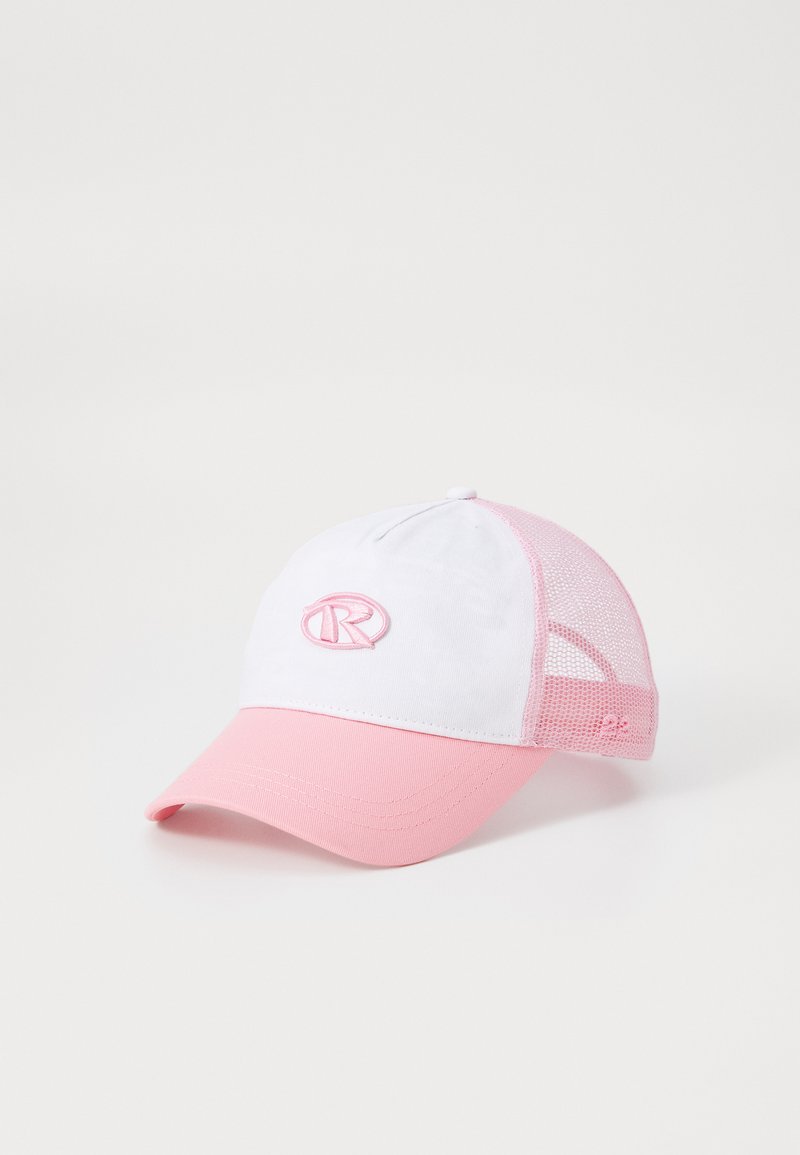 Casquette en tissu blanc avec une visière rose et des accents. Présente un logo circulaire en broderie rose. Des panneaux en maille assurent la respirabilité.