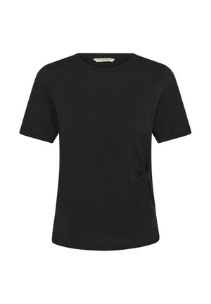 Prosty czarny t-shirt z krótkim rękawem, okrągłym dekoltem i subtelnym węzłem z boku po prawej stronie talii.