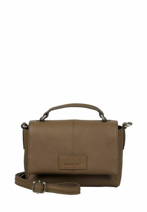 Sac à main en cuir marron avec une poignée supérieure, une bandoulière réglable et un rabat avant avec le logo "BURKELY" embossé.