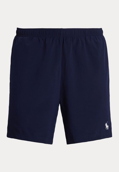 Tamsiai mėlyni maudymosi šortai iš lengvos medžiagos, su elastine juosmens juosta ir mažu išsiuvinėtu logotipu ant apatinės dešinės kojos dalies.