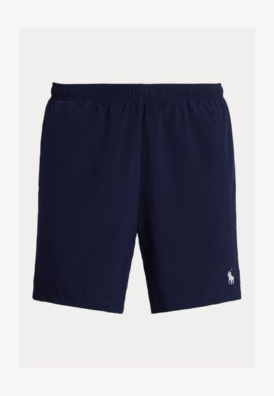 Tamsiai mėlyni maudymosi šortai iš lengvos medžiagos, su elastine juosmens juosta ir mažu išsiuvinėtu logotipu ant apatinės dešinės kojos dalies.