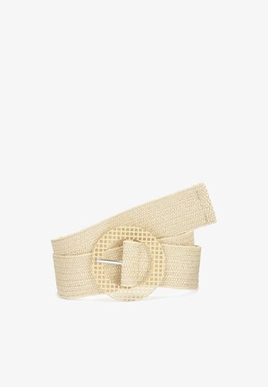 Gevlochten stro riem in beige met een ronde gesp met ruitpatroon en een gladde metalen sluiting. Heeft een gestructureerd, geweven ontwerp.